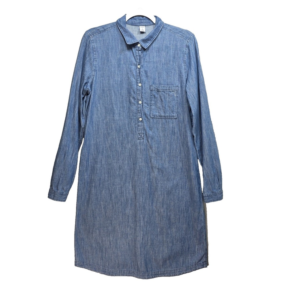 Old Navy Blue Denim Shirt Dress Womens M Tall Long Sleeves Partial Button Collar